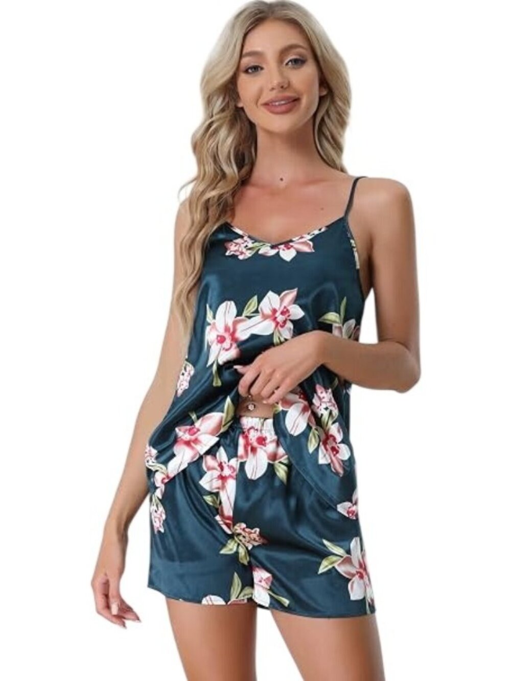 Cheibear Cami Short Pajama Sets Small Floral Satin Sleeveless Teal Pink Lounge